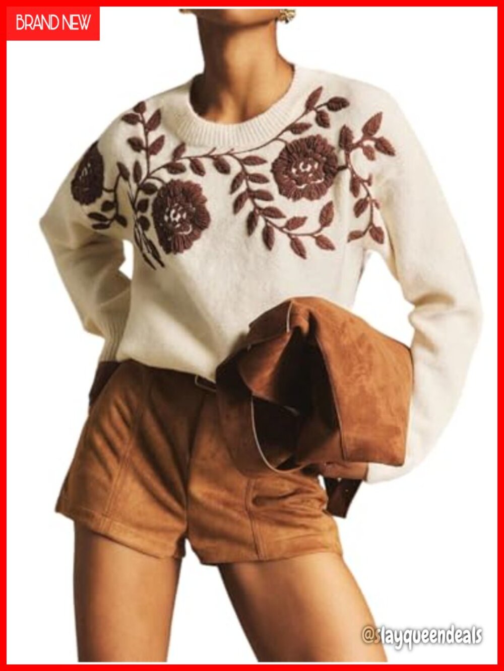 Boho Floral Embroidery Rib Knit Pullover Sweater Loose Fit Long Sleeve Crew Neck